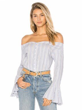 Free People Blue and White Striped Off-Shoulder Button Blouse